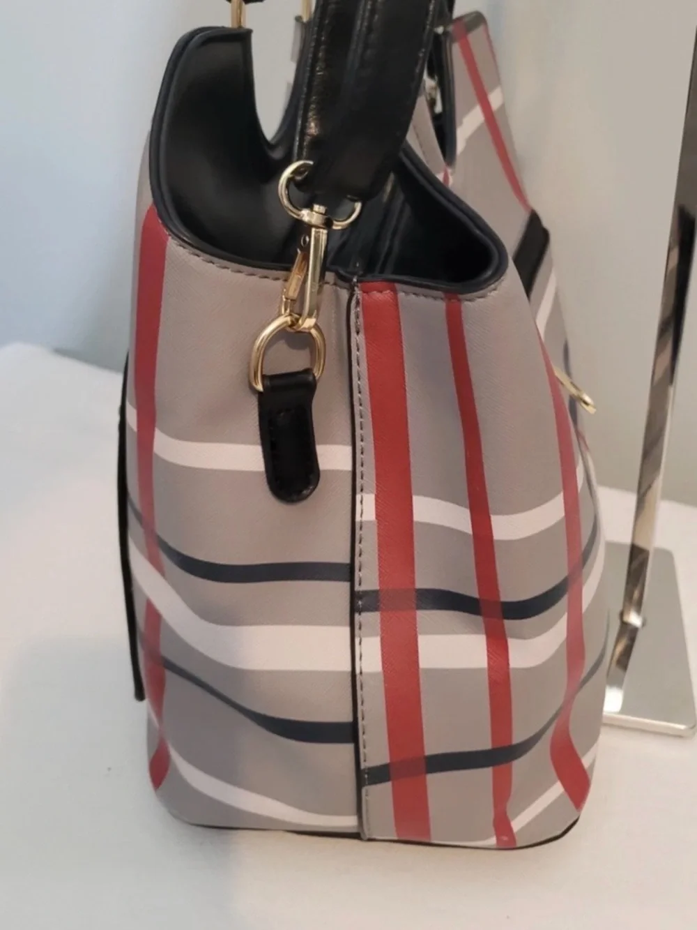 Black & Red Plaid Satchel Crossbody Bag Coated Canvas Faux Leather Trim